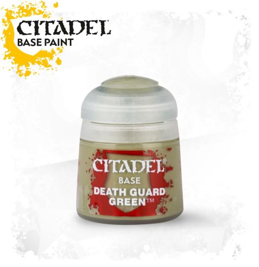 A pot of Citadel Base paint in the color 'Death Guard Green'. The pot is labeled with the brand and product name, set against a yellow background with splashes of red.