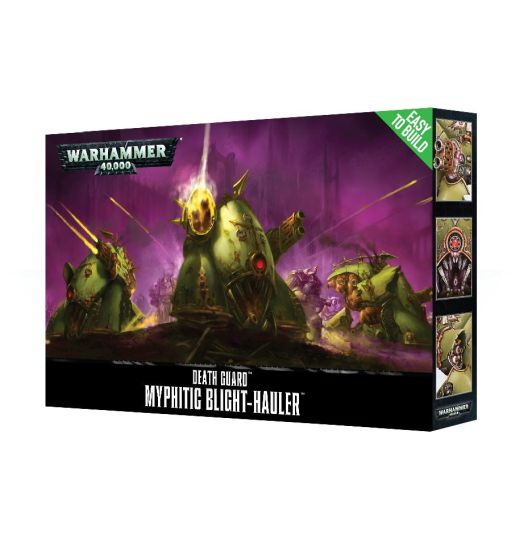 Boxed miniature set for the Warhammer 40,000 Death Guard Myphitic Blight-hauler, featuring the miniature on the front with purple and green color scheme.