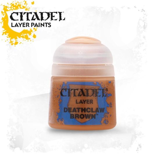 A pot of Citadel Layer paints in the color Deathclaw Brown.