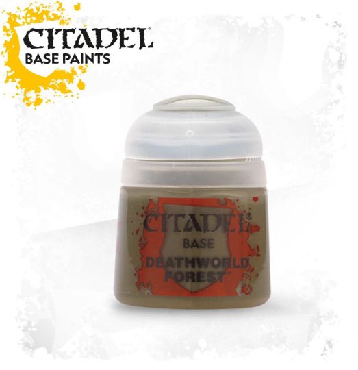 A pot of Citadel Base paint in the shade 'Deathworld Forest', designed for use on plastic, metal, and resin Citadel miniatures.