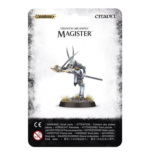 A product image showing the packaging for a 'Disciples of Tzeentch Magister' miniature figure. The packaging is predominantly white and black with a gothic-style font, featuring an image of the assembled figure on a round base.