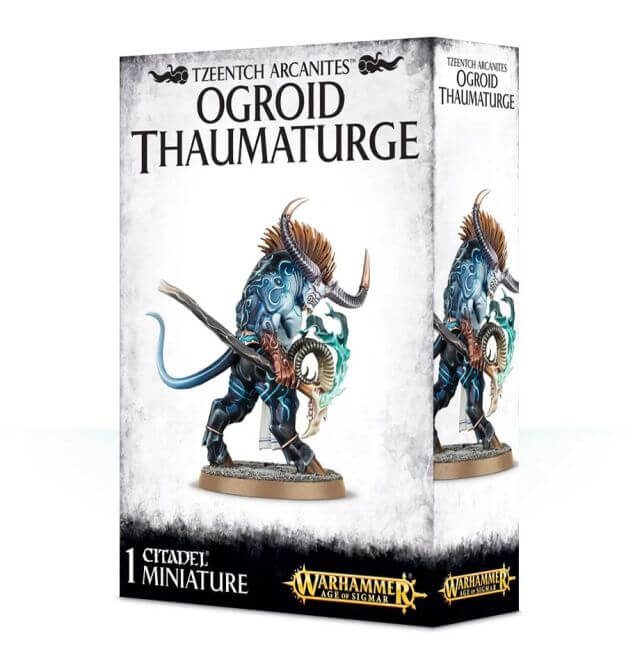Packaging for Disciples of Tzeentch Ogroid Thaumaturge miniature, featuring the assembled and painted model on the box art.