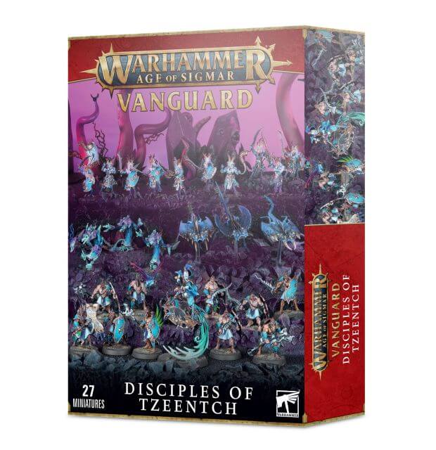 Box packaging for Warhammer Age of Sigmar Vanguard Disciples of Tzeentch miniatures, showing the miniatures in action poses against a purple and black background.