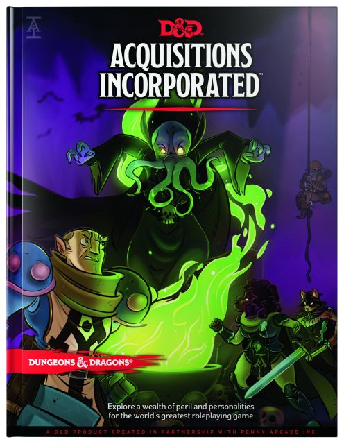 Cover art for D&D 5th Edition Acquisitions Incorporated book showing illustrated characters Omin Dran, Jim Darkmagic, and Viari, with a fantasy-business theme setting.