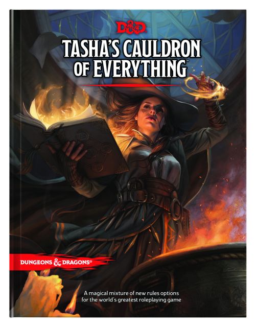 Cover art of the product 'D&D 5th Edition Tasha's Cauldron of Everything', featuring an illustration of a character with a book, with magical or supernatural elements suggested by the backdrop and the character's attire.