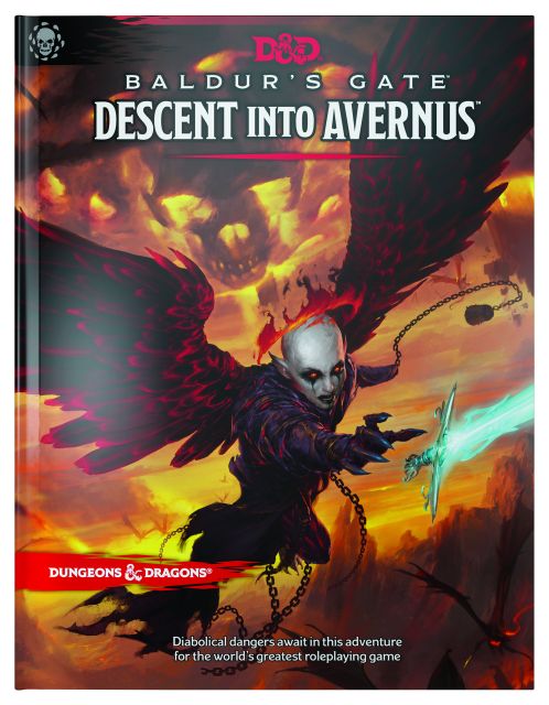 Cover of the D&D 5th Edition Baldur's Gate: Descent into Avernus adventure book, featuring artwork of a character with wings and a staff, against a hellish backdrop.