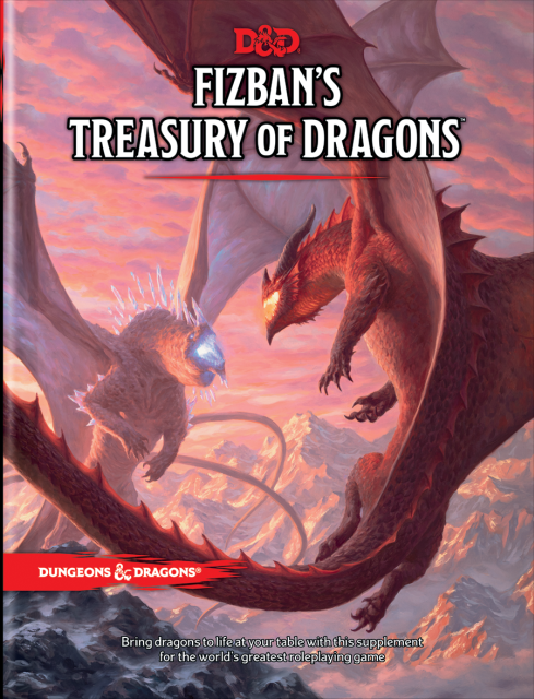 Cover art for D&D 5th Edition Fizban's Treasury of Dragons featuring a dragon with a crystal dragon and a red dragon in the background.