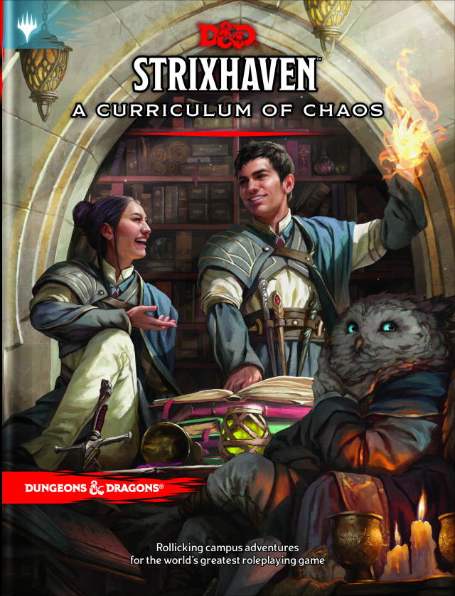Cover of D&D 5th Edition Strixhaven: A Curriculum of Chaos supplement, featuring an illustration of three characters from the game Dungeons & Dragons, with one character holding a book and others engaging with magical energy.