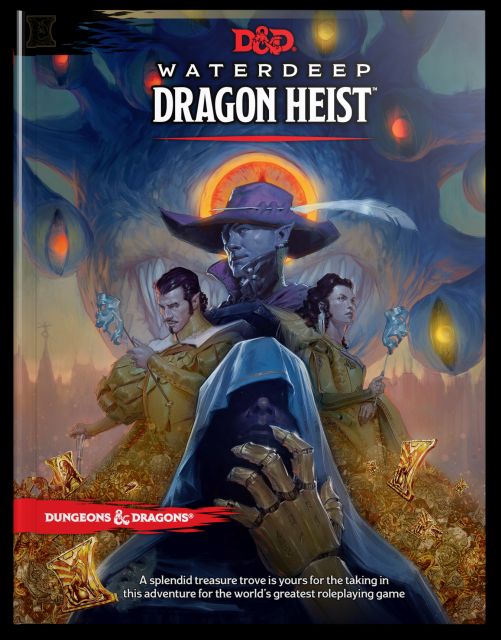 Cover art for D&D 5th Edition Waterdeep: Dragon Heist supplement, featuring a cityscape with a prominent dragon and characters indicative of a role-playing game adventure.