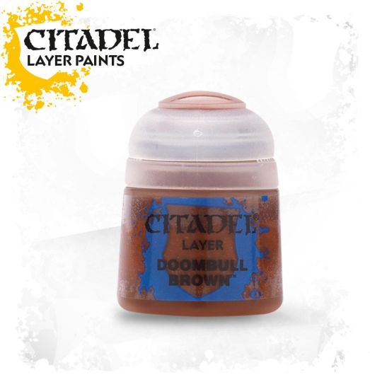 A pot of Citadel Layer paints in the color 'Doombull Brown', designed for miniature model painting.