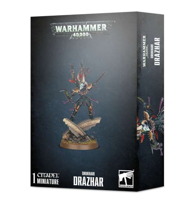 Packaging for Warhammer 40,000 Drukhari Drazhar miniature, featuring the mini on a round base, ready for assembly and painting.