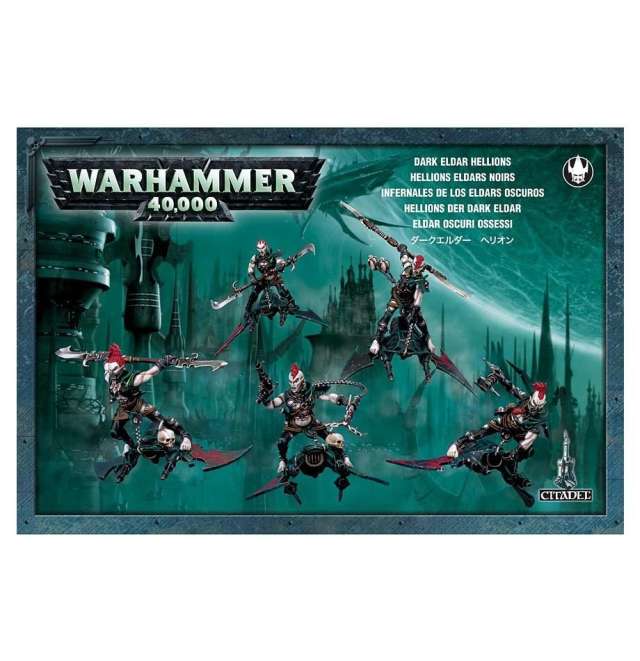 Box set of Drukhari Hellions for Warhammer 40,000, showing five painted plastic figures with various equipment and poses against a green and black background.