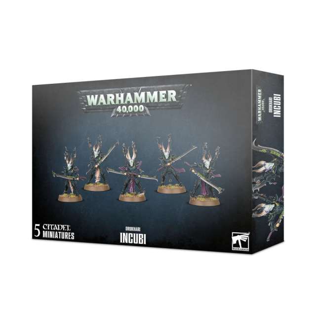 Product packaging for Warhammer 40,000 Drukhari Incubi miniatures, featuring five assembled and painted miniatures on display against a dark themed backdrop.