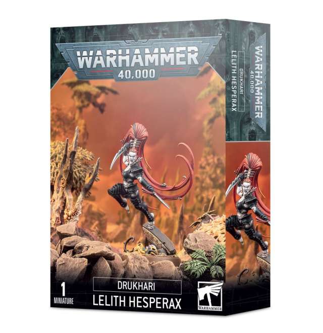 Product packaging for Warhammer 40,000 Drukhari Lelith Hesperax miniature, featuring the assembled and painted model on the box art.