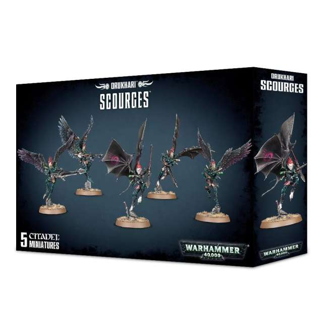 Box packaging for Drukhari Scourges miniature figures, displaying five assembled and painted miniatures of the dark eldar race.