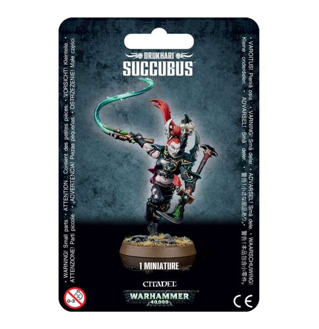 Packaging for Drukhari Succubus miniature from Warhammer 40,000, displaying the assembled and painted model.