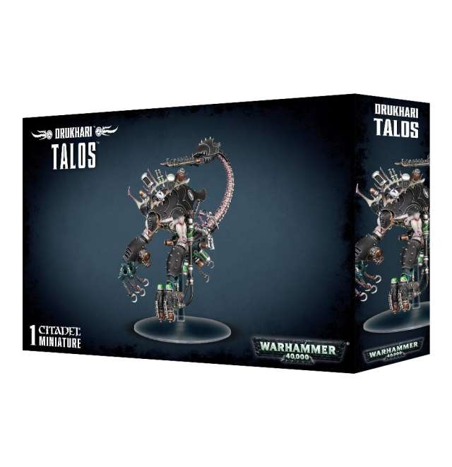 Packaging for Drukhari Talos / Cronos miniature, featuring the model assembled and painted, with components displayed around it. The background is dark with 'Warhammer 40,000' branding.