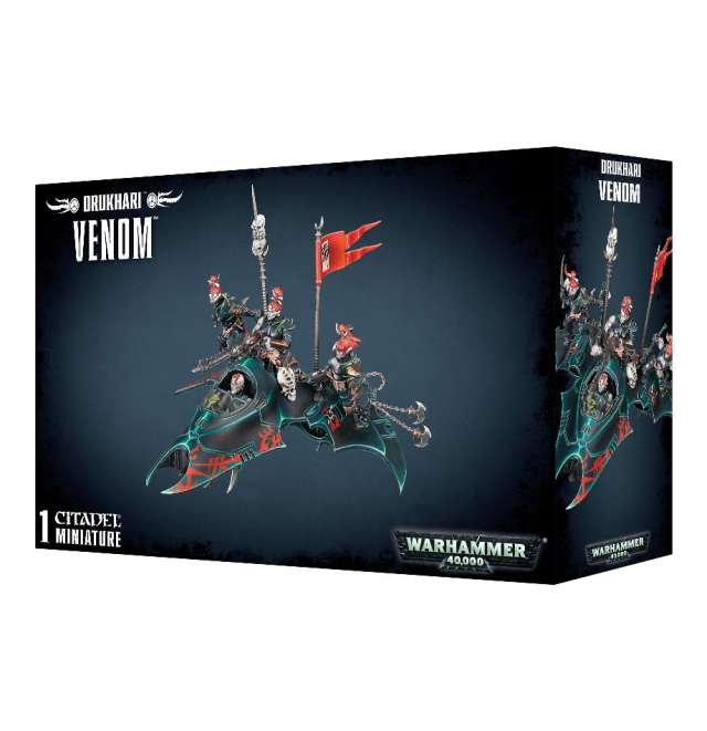 Boxed Drukhari Venom miniature set from Warhammer 40,000, featuring illustrated components including a craft with figures and a flag, indicating a multi-part plastic kit.