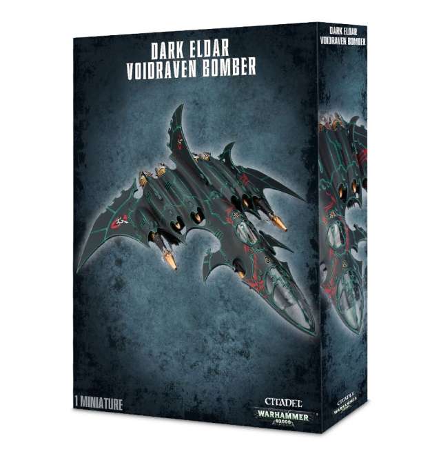 Boxed miniature model of the Dark Eldar Voidraven Bomber, featuring intricate detailing and artwork specific to the Drukhari faction in the Warhammer 40,000 series.