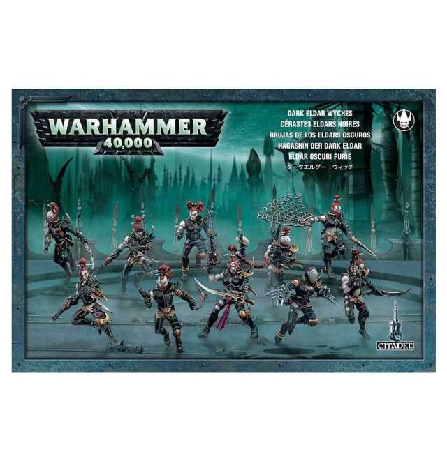 Box set of Drukhari Wyches for the Warhammer 40,000 game, featuring 10 plastic figures with various heads, bodies, and weapons.