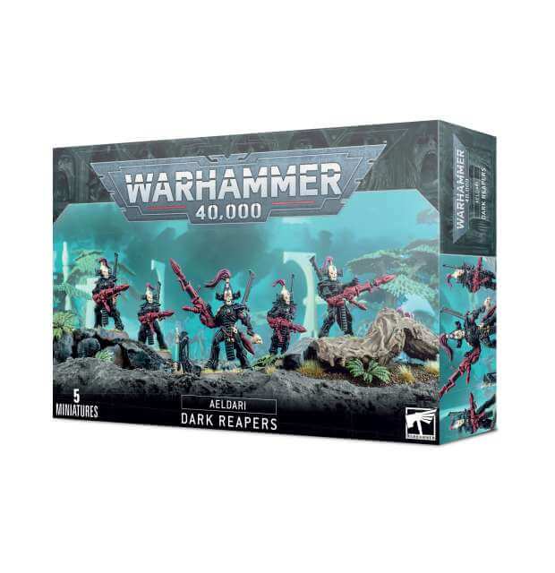 Product packaging for Warhammer 40,000 Aeldari Dark Reapers miniatures, featuring images of the painted miniatures on the box cover.