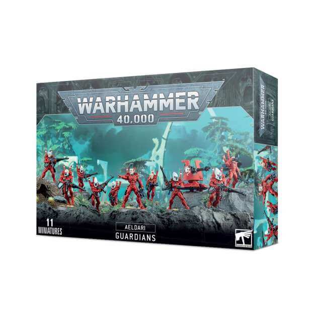 Box packaging for Warhammer 40,000 Aeldari Guardian Defenders / Storm Guardians Squad 2022, featuring illustrations of the miniatures in action.