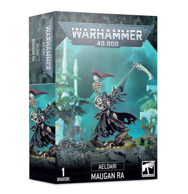 Product packaging for Warhammer 40,000 Aeldari Phoenix Lord Maugan Ra miniature, featuring the assembled and painted figure on the box art.