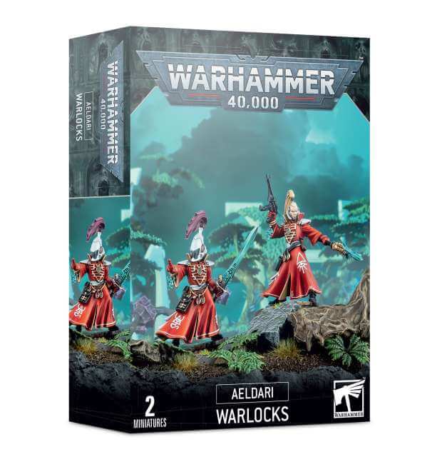 Product packaging for Warhammer 40,000 Aeldari Warlocks miniatures, featuring two painted figures on a box with a mystical backdrop.
