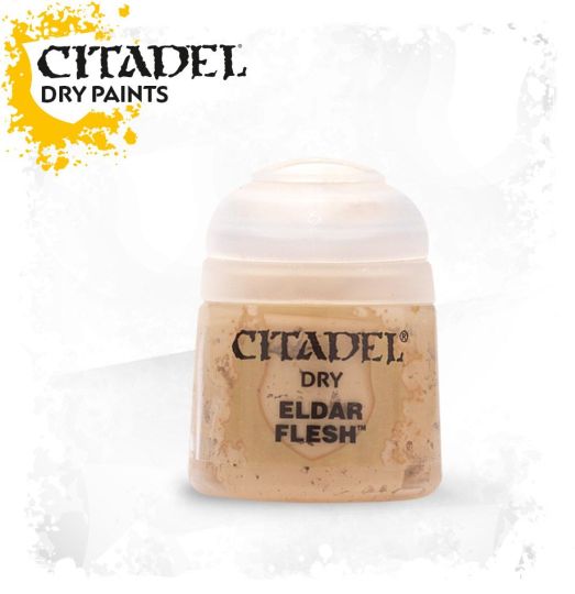 A pot of Citadel dry paint labeled 'Eldar Flesh' intended for drybrushing models.