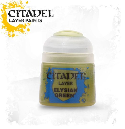 A pot of Citadel Layer paints in Elysian Green color, designed for painting miniatures.