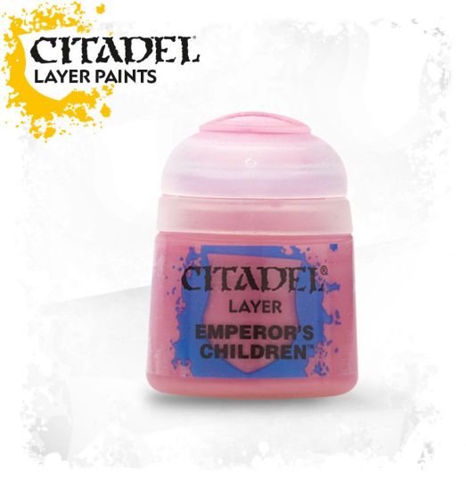 A pot of Citadel Layer paints in pink, labeled 'Emperor's Children'.