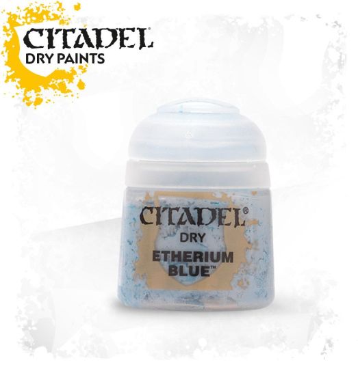 A pot of Citadel dry paint in the color Etherium Blue, designed for drybrushing models and miniatures.