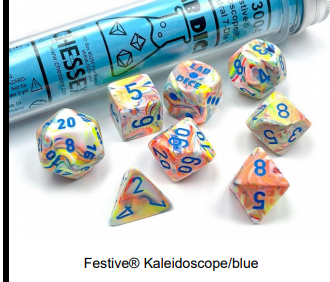 A close up of the Chessex Festive Kaleidoscope with blue dice set.