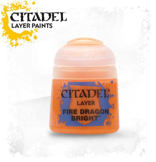 A pot of Citadel Layer paints in the color 'Fire Dragon Bright', primarily orange in color with branding and product name displayed.