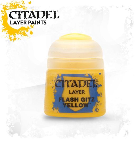 A pot of Citadel Layer paints in Flash Gitz Yellow color, designed for painting miniatures.