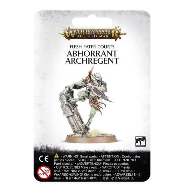 Packaging for 'Flesh-eater Courts Abhorrant Archregent' miniature, featuring the model on a card with game branding and small part warning.