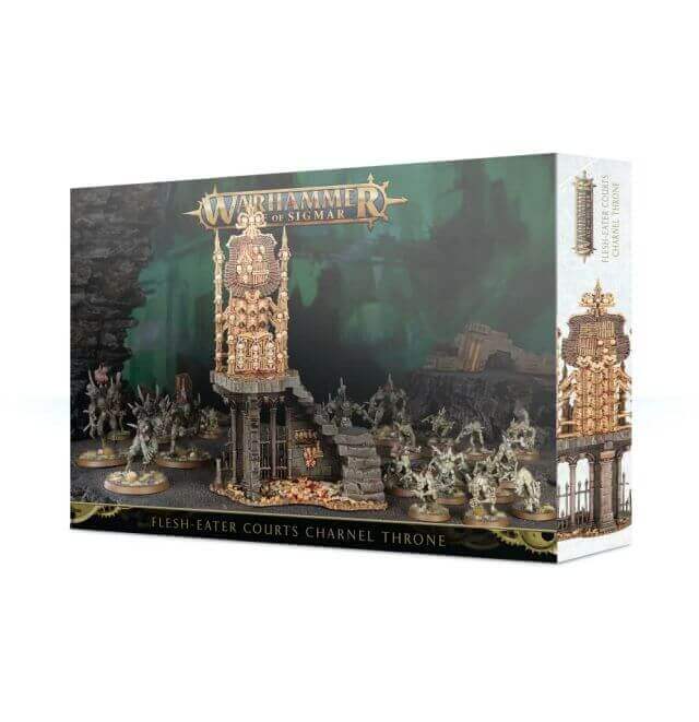 A product image showing the packaging for the Flesh-eater Courts Charnel Throne terrain set, featuring a assembled throne and fantasy-themed miniatures.