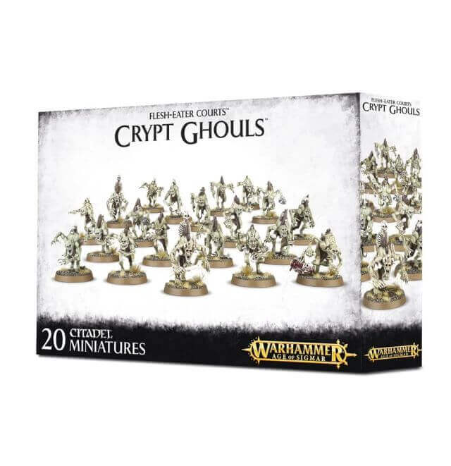 Packaging for 'Flesh-eater Courts Crypt Ghouls', featuring 20 miniature figures on round bases displayed in a box.