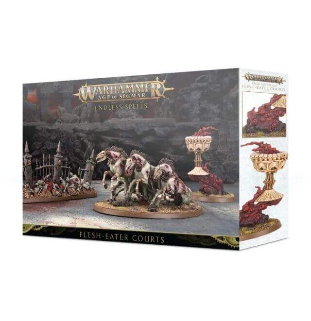 Product packaging for 'Flesh-eater Courts Endless Spells' featuring miniatures from the game, including a barricade, a chalice, and stampeding corpses, set against a dramatic backdrop.