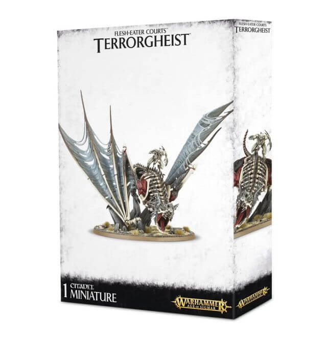 Packaging for Games Workshop's 'Flesh-eater Courts Royal Terrorgheist' miniature, featuring the creature with wings and a skull face on a white background.
