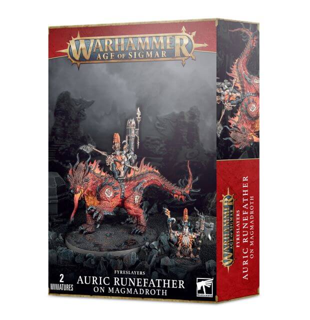 Product packaging for Warhammer Age of Sigmar, featuring an illustration of Auric Runefather on Magmadroth, with red and black colors predominately used.