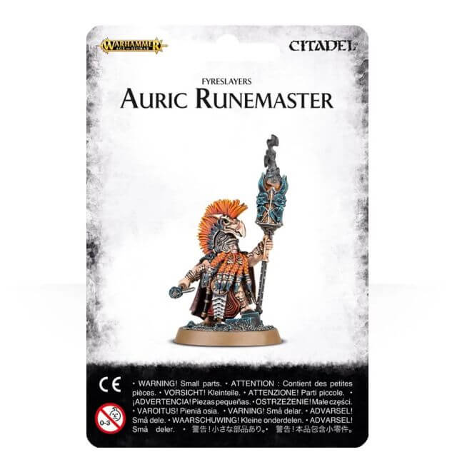 Packaging for Games Workshop's Warhammer fantasy series, featuring a card with an illustration of the Auric Runemaster miniature.