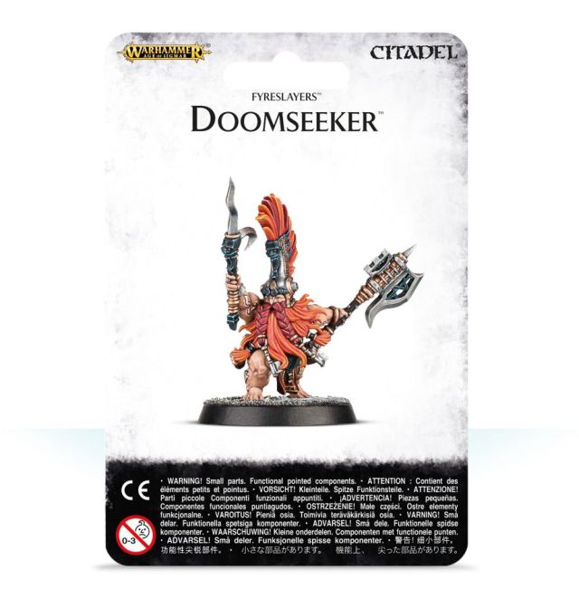 A product image featuring the packaging for a 'Doomseeker' miniature from the Fyreslayers line. The packaging is predominantly white with an illustration of the miniature on the front.
