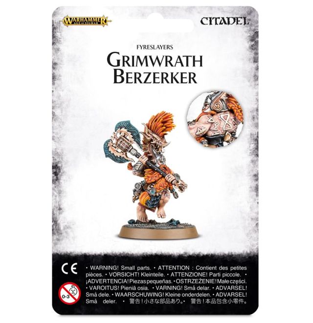 An image of the Fyreslayers Grimwrath Berzerker model from Citadel, featuring the miniature with a large mohawk and multiple axes.
