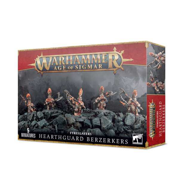 Product packaging for 'Warhammer Age of Sigmar: Fyreslayers Auric Hearthguard / Hearthguard Berzerkers' featuring illustrations of the characters on a rocky backdrop, with the brand and product name displayed.