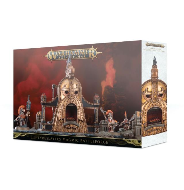 Packaging for Fyreslayers Magmic Battleforge, featuring a intricate, fantasy-themed battle stage with multiple figures and decorative elements.