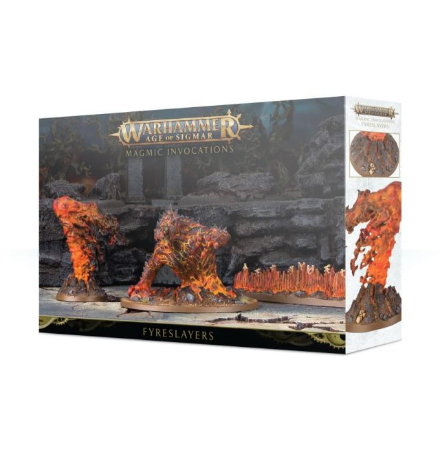 Product packaging for 'Fyreslayers Magmic Invocations' featuring illustrations of fantasy creatures on a rocky terrain, with a focus on a flame-spitting creature and a base, indicating it is a model kit from the Warhammer fantasy series.