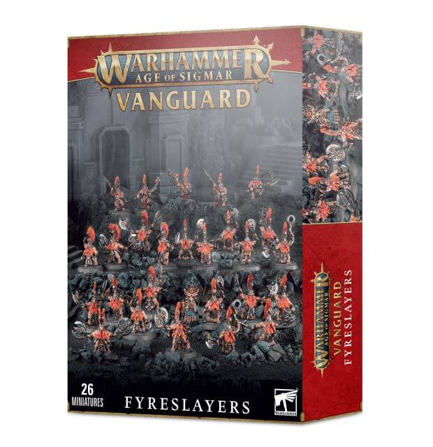 Box packaging for Warhammer Age of Sigmar Vanguard Fyreslayers miniatures, featuring the miniatures in a战斗array, unpainted and ready for assembly.