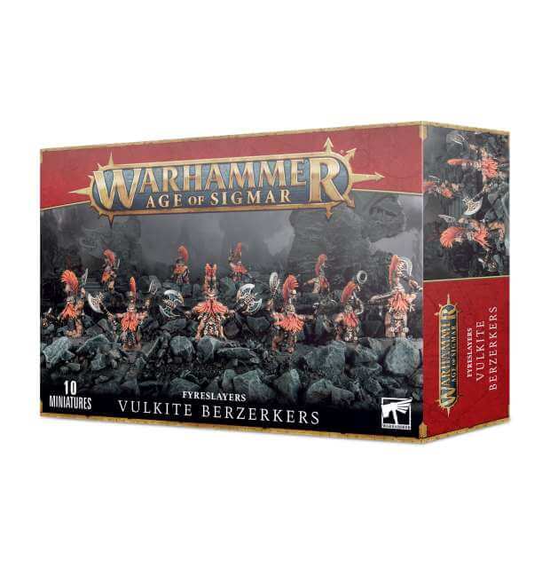 Packaging for Warhammer Age of Sigmar game featuring Vulkite Berzerkers. The box is predominantly red and black with illustrations of the characters and fantasy scenery.