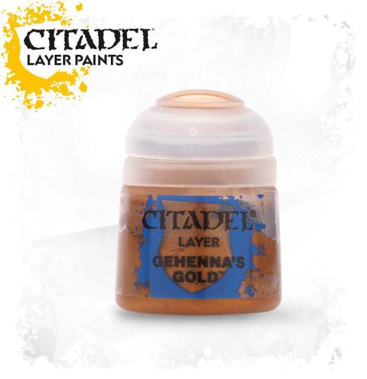 A pot of Citadel Layer paints in the color 'Gehenna's Gold'. The paint is intended for use on miniatures to create a rich, gold finish.